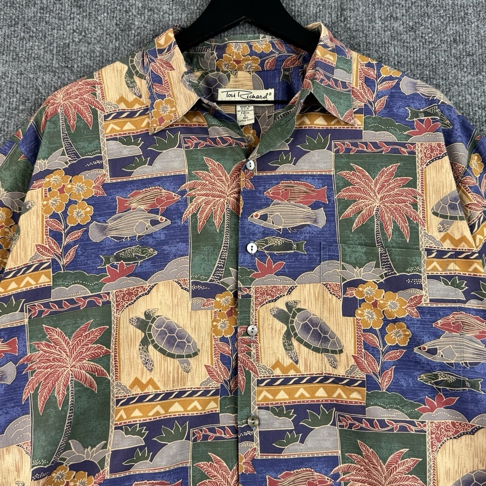 Tori Richard Button Up Shirt Mens L Multicolor Turtle Palm Trees Hawaiian USA - Picture 2 of 11